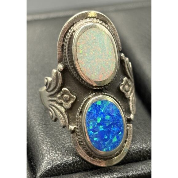 New Condition Sterling Silver Blue White Lab Opal Double Ring Size 7 - Picture 1 of 10